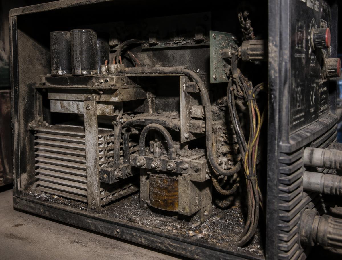 Interior de máquina de solda antes da manutenção, com sujeira e resíduos