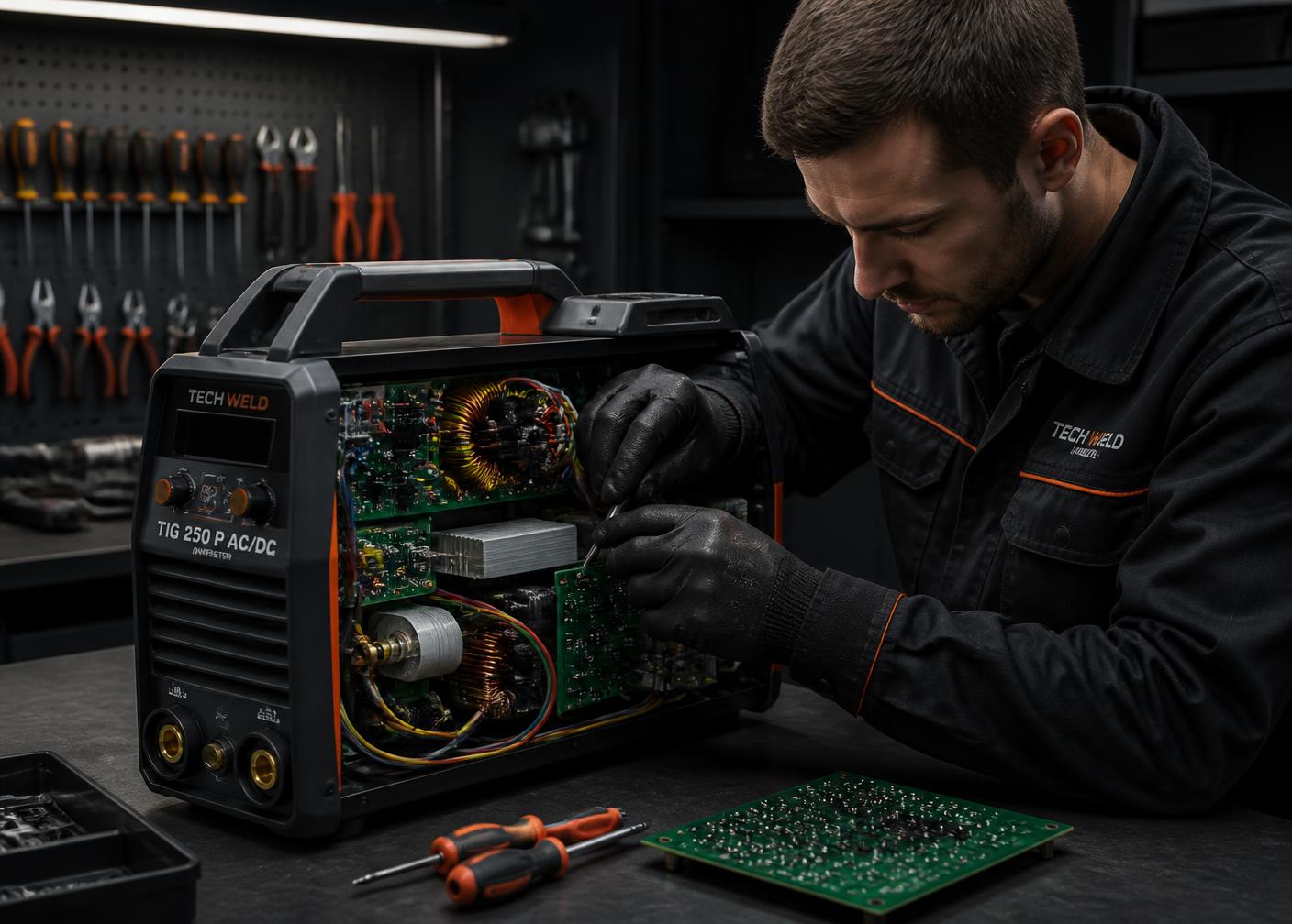 Técnico realizando manutenção interna em máquina de solda inversora